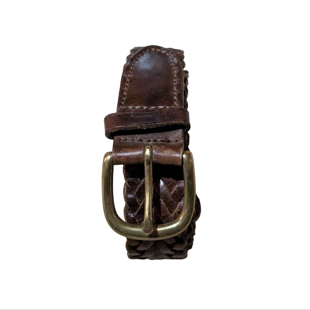 Brown Leather Gold Brass Hardware Braided Belt 34